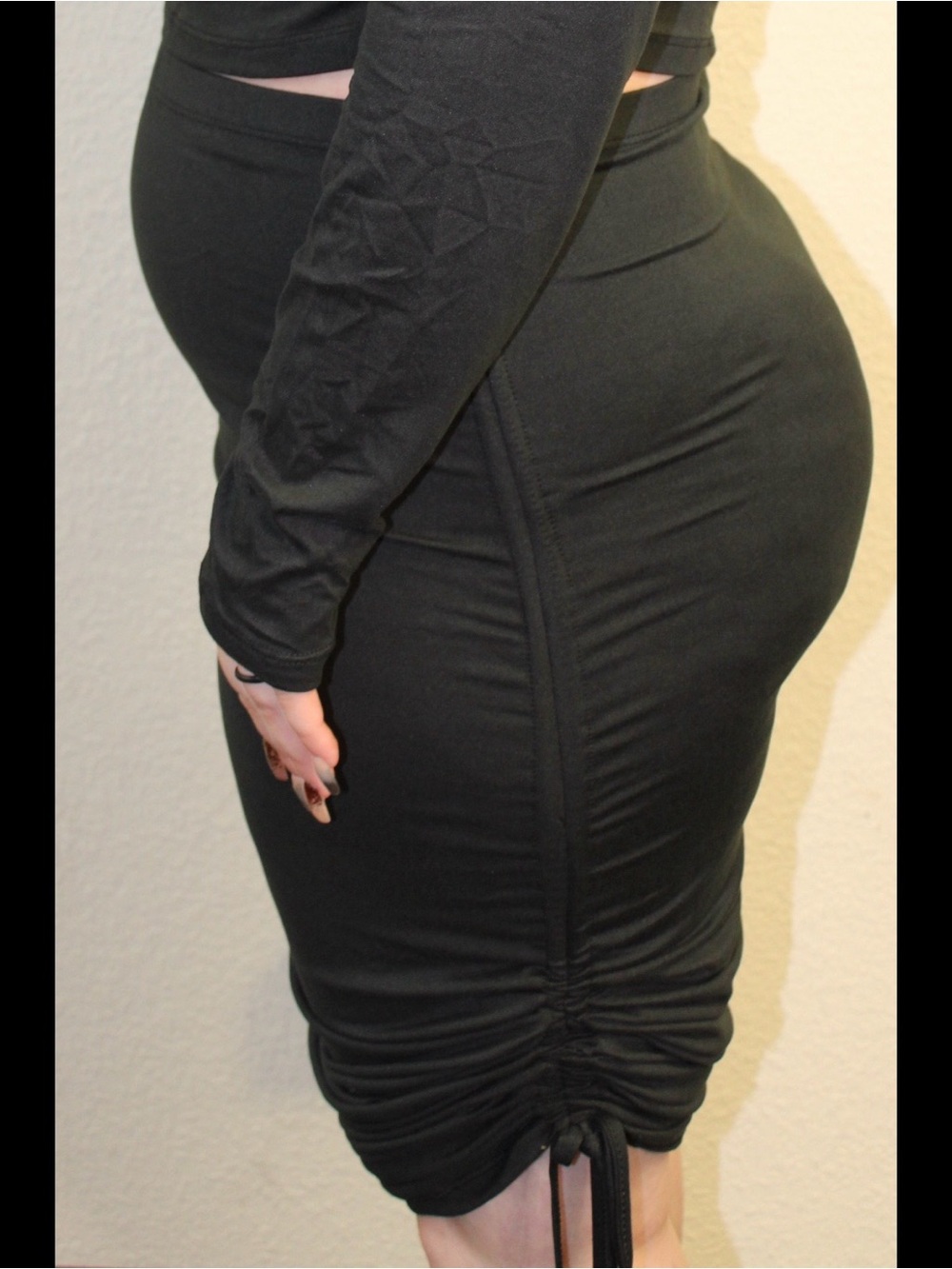 3XBlack Ruched Bodycon Midi Skirt